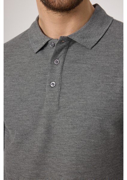Lewin Erkek Gri %100 Pamuk Waffle Çekmeyen Esneyen Kumaş Slim Fit Uzun Kol Polo Tişört