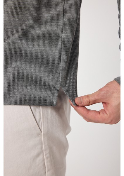 Lewin Erkek Gri %100 Pamuk Waffle Çekmeyen Esneyen Kumaş Slim Fit Uzun Kol Polo Tişört