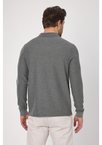 Lewin Erkek Gri %100 Pamuk Waffle Çekmeyen Esneyen Kumaş Slim Fit Uzun Kol Polo Tişört