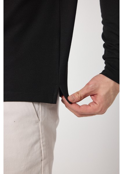Lewin Erkek Siyah %100 Pamuk Waffle Çekmeyen Esneyen Kumaş Slim Fit Uzun Kol Polo Tişört modelleri