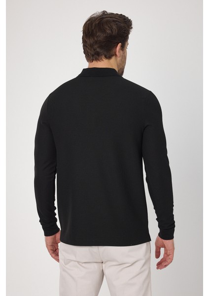 Lewin Erkek Siyah %100 Pamuk Waffle Çekmeyen Esneyen Kumaş Slim Fit Uzun Kol Polo Tişört fırsatları