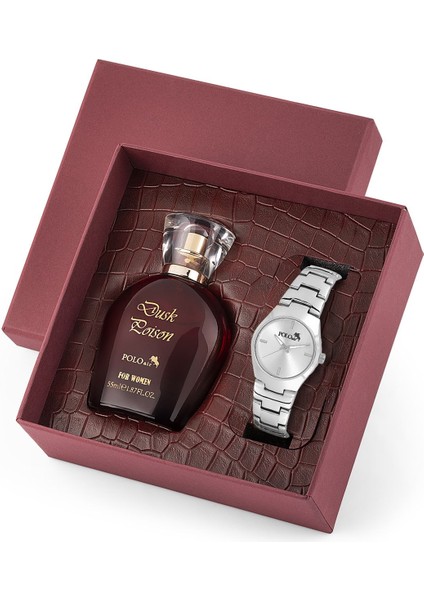 Kadın Kol Saati ve 55 ml Parfüm Seti Bordo Hediyelik Kutsunda Kombin Gümüş Renk ST-2140S2