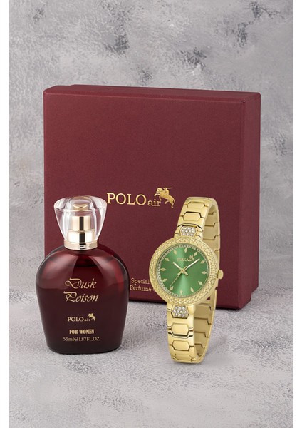 Kadın Kol Saati ve 55 ml Parfüm Seti Bordo Hediyelik Kutsunda Kombin Gold Yeşil Renk ST-2138S3