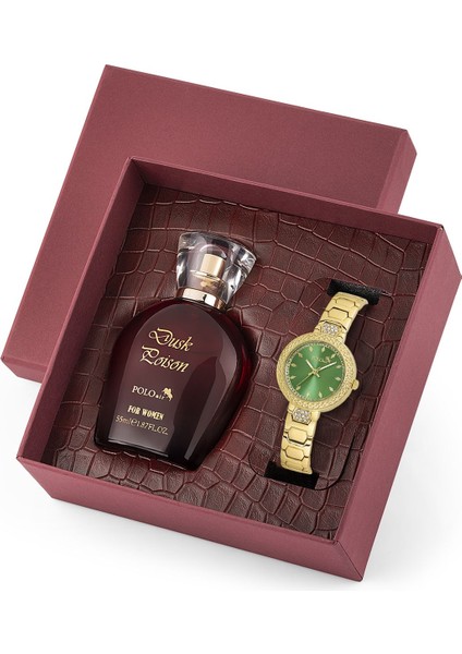 Kadın Kol Saati ve 55 ml Parfüm Seti Bordo Hediyelik Kutsunda Kombin Gold Yeşil Renk ST-2138S3