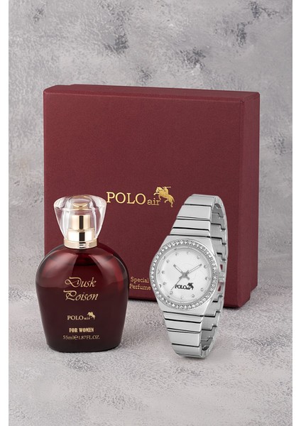 Lüx Taşlı Kadın Kol Saati ve Parfüm Seti Bordo Hediyelik Kutsunda Kombin Gümüş Renk ST-2139S2