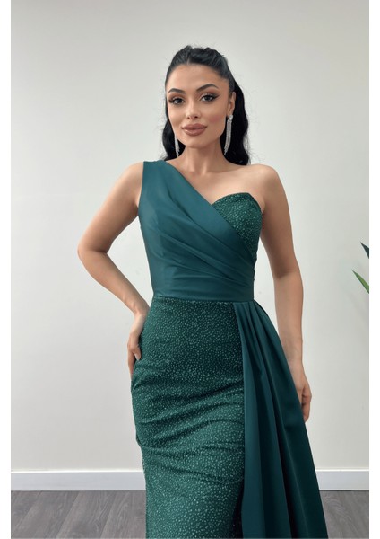 Simli Saten Kumaş Şal Detaylı Abiye Elbise - Zümrüt Yeşil modelleri