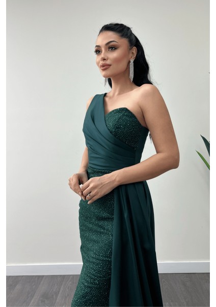 Simli Saten Kumaş Şal Detaylı Abiye Elbise - Zümrüt Yeşil fırsatları
