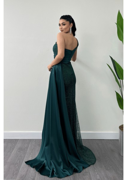 Simli Saten Kumaş Şal Detaylı Abiye Elbise - Zümrüt Yeşil indirimleri