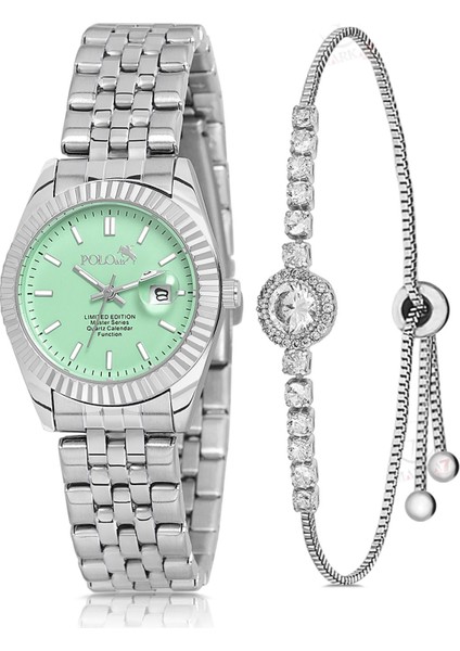Mercan Takvimli Kadın Kol Saati Zirkon Taşlı Yuvarlak Bileklik Kombin Gümüş Yeşil Renk PL-1519B4