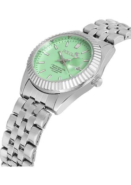 Mercan Takvimli Kadın Kol Saati Zirkon Taşlı Yuvarlak Bileklik Kombin Gümüş Yeşil Renk PL-1519B4 fiyatları