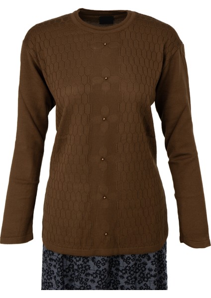 Kadın Kışlık Pamuklu Triko Dokuma Anne Kazak Boncuklu Bahçem Motifli Armut Yakalı Rahat