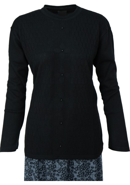 Kadın Kışlık Pamuklu Triko Dokuma Anne Kazak Boncuklu Bahçem Motifli Armut Yakalı Rahat