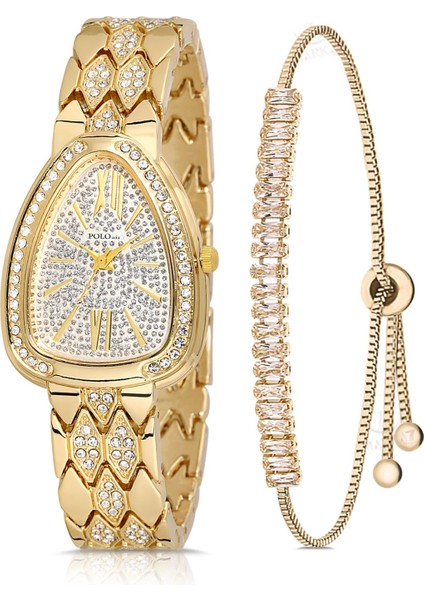 Yılan Desen Taşlı Kadın Kol Saati Zirkon Taşlı Baget Bileklik Kombin Gold Renk PL-1520B1