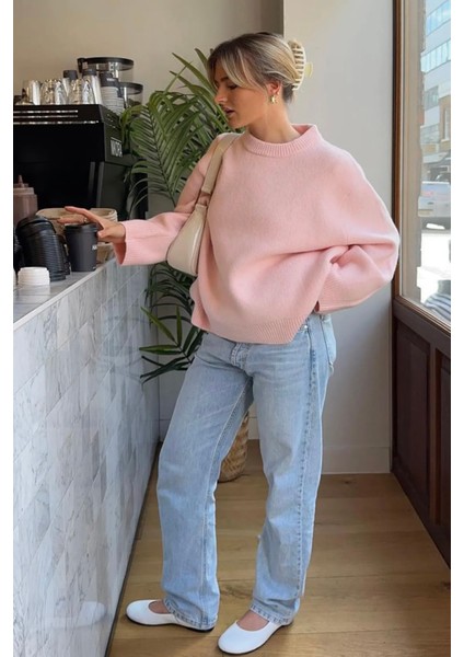 Pntrst Pembe Bisiklet Yaka Oversize Triko Kazak