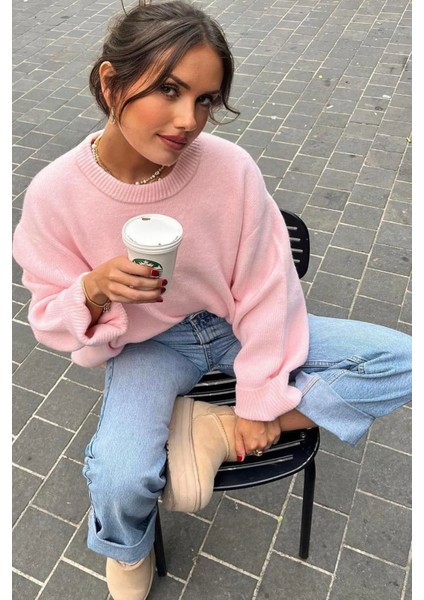 Pntrst Pembe Bisiklet Yaka Oversize Triko Kazak