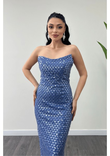 Full Boncuklu Kumaş Straplez Abiye Elbise - Indigo Mavi