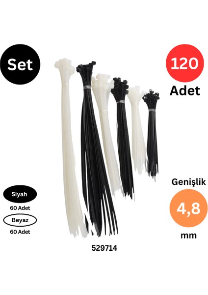 Plastik Kablo Bağı Klipsi Cırt Kelepçe 250 - 300 - 380 mm x 4.8 mm Siyah Beyaz Set 120 Adet