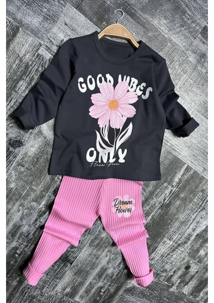Good Wibes Çiçek Desen Fitilli Kız Çocuk taytlı takım - Pembe