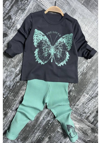 Kelebek Desen Fitilli Kız Çocuk taytlı takım - Yeşil