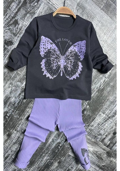 Kelebek Desen Fitilli Kız Çocuk taytlı takım - Mor