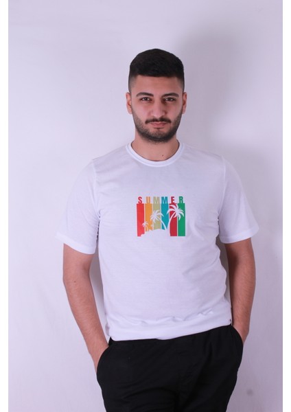 Summer Palmiye Baskı Beyaz Erkek T-Shirt