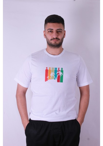 Summer Palmiye Baskı Beyaz Erkek T-Shirt fiyatları