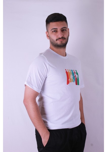 Summer Palmiye Baskı Beyaz Erkek T-Shirt modelleri