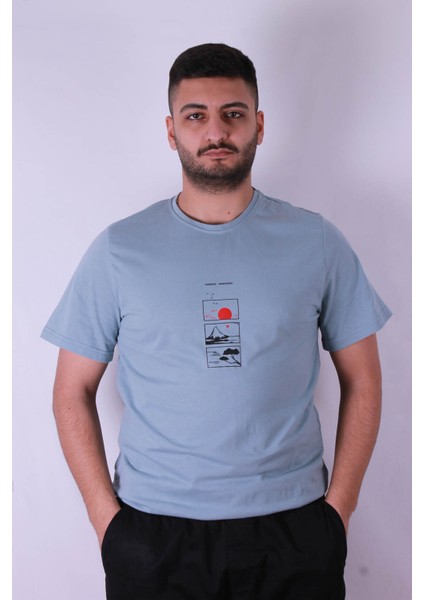 3 Lü Dağ Baskı Mavi Erkek T-Shirt