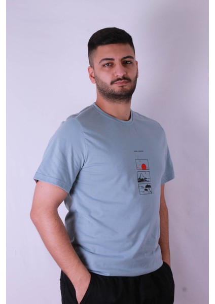 3 Lü Dağ Baskı Mavi Erkek T-Shirt