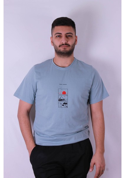 3 Lü Dağ Baskı Mavi Erkek T-Shirt