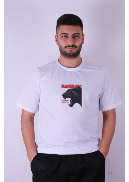 Savage Baskı Beyaz Erkek T-Shirt