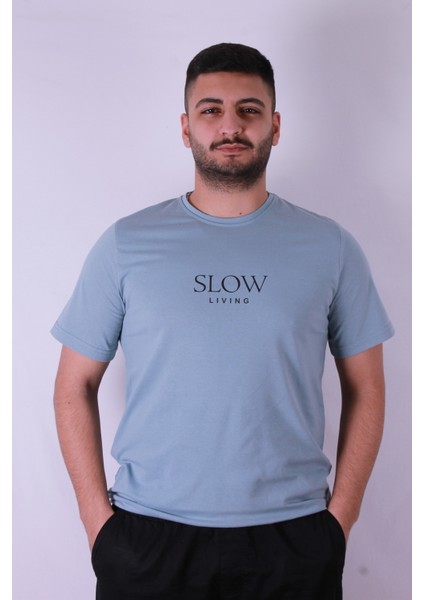Slow Living Baskı Mavi Erkek T-Shirt