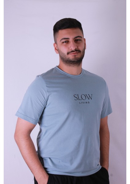 Slow Living Baskı Mavi Erkek T-Shirt