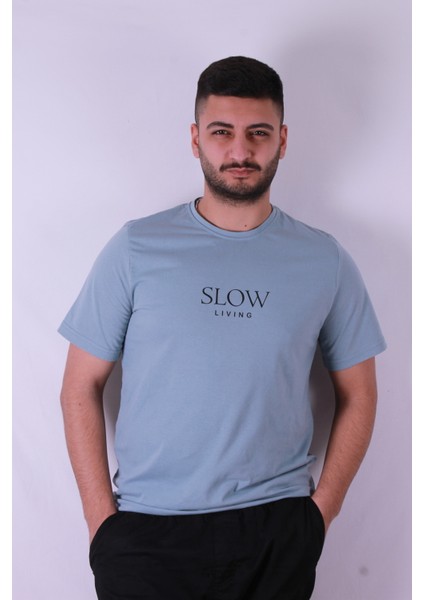 Slow Living Baskı Mavi Erkek T-Shirt