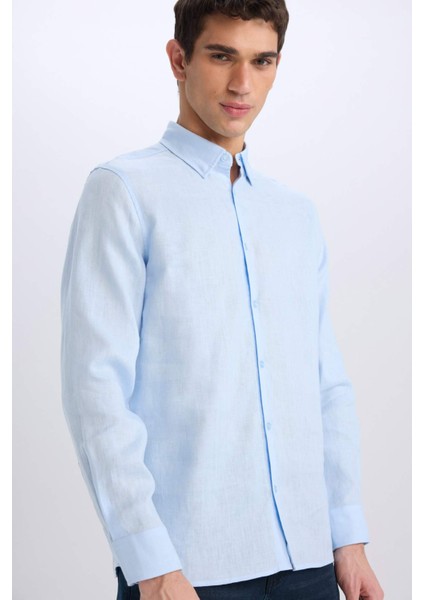%100 Keten Regular Fit Polo Yaka Yazlık Basic Düz Uzun Kollu Gömlek C1825AX25SM