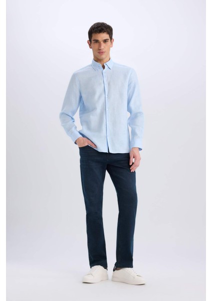 %100 Keten Regular Fit Polo Yaka Yazlık Basic Düz Uzun Kollu Gömlek C1825AX25SM