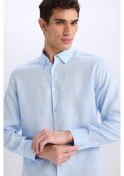 %100 Keten Regular Fit Polo Yaka Yazlık Basic Düz Uzun Kollu Gömlek C1825AX25SM