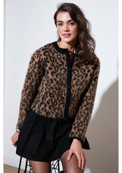 Standart Fit Leoparlı Yumuşak Dokulu Crop Hırka Bayan HIRKA 4614502
