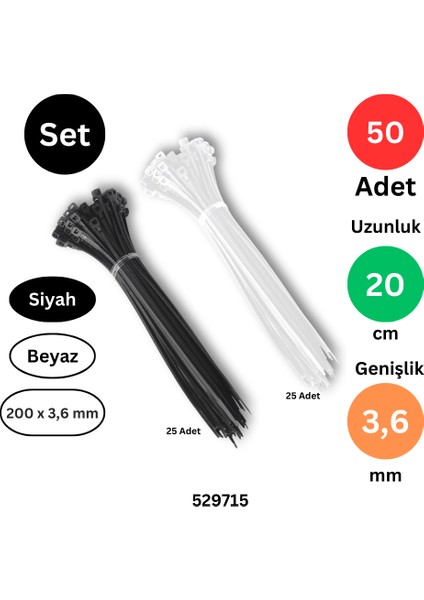 Plastik Kablo Bağı Klipsi Cırt Kelepçe 200 mm x 3.6 mm Siyah Beyaz 25'er Adet