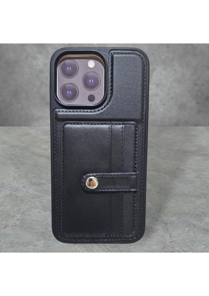 iPhone 15 Pro Max Siyah Suni Deri Kartlıklı Premium Kılıf