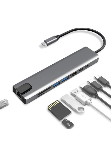 Type-C 8 In 1 Hub Çoğaltıcı Lan-Hdmı-2x Usb-2x Type-C - Sd-Micro Sd Kart Okuyucu Hub Çoğaltıcı