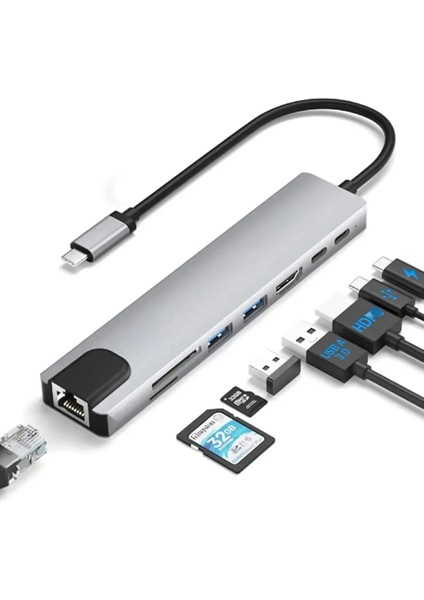 Type-C 8 In 1 Hub Çoğaltıcı Lan-Hdmı-2x Usb-2x Type-C - Sd-Micro Sd Kart Okuyucu Hub Çoğaltıcı