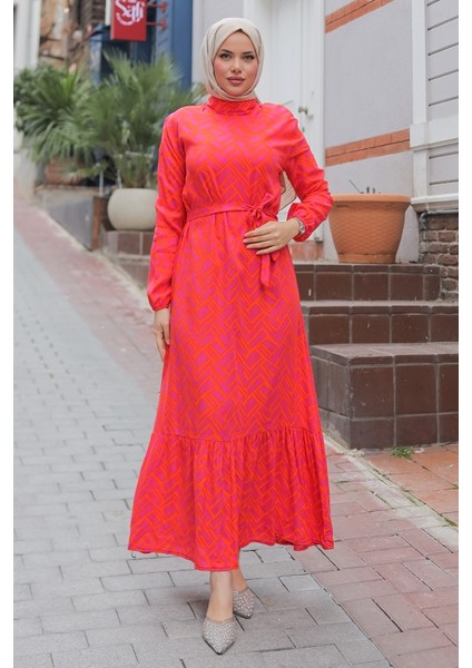 Rayel Dokuma Viskon Elbise 1336 - Fuşya