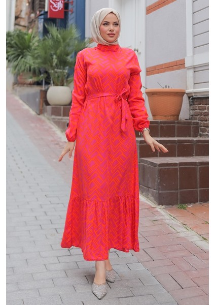 Rayel Dokuma Viskon Elbise 1336 - Fuşya modelleri