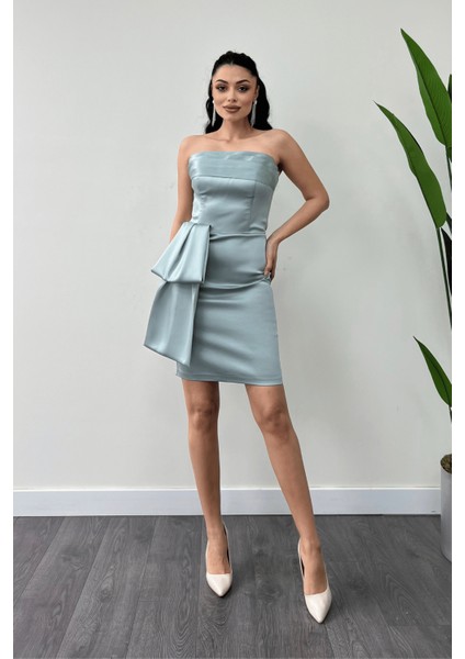 Saten Kumaş Straplez Mini Elbise - Mint Yeşili