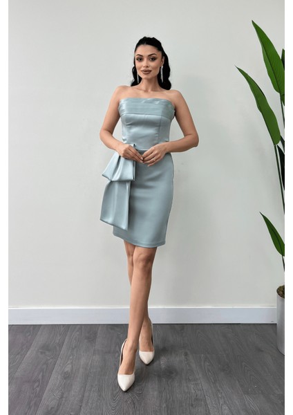 Saten Kumaş Straplez Mini Elbise - Mint Yeşili fiyatları
