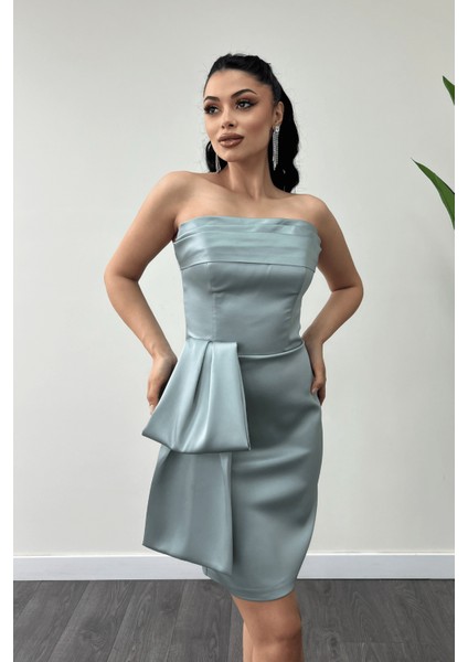 Saten Kumaş Straplez Mini Elbise - Mint Yeşili modelleri