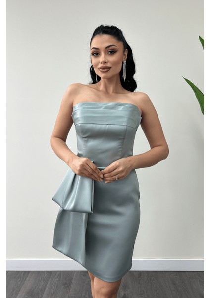 Saten Kumaş Straplez Mini Elbise - Mint Yeşili fırsatları