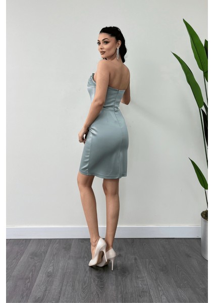 Saten Kumaş Straplez Mini Elbise - Mint Yeşili indirimleri