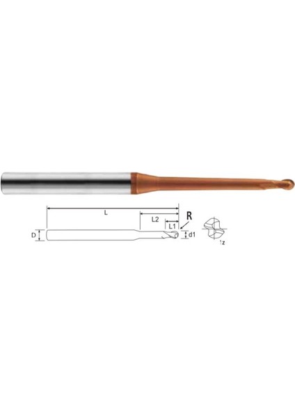 Ø0,9 İki Ağızlı Küre Dalma Boylu Elmas Freze 2 F (1,4X10X50X4)